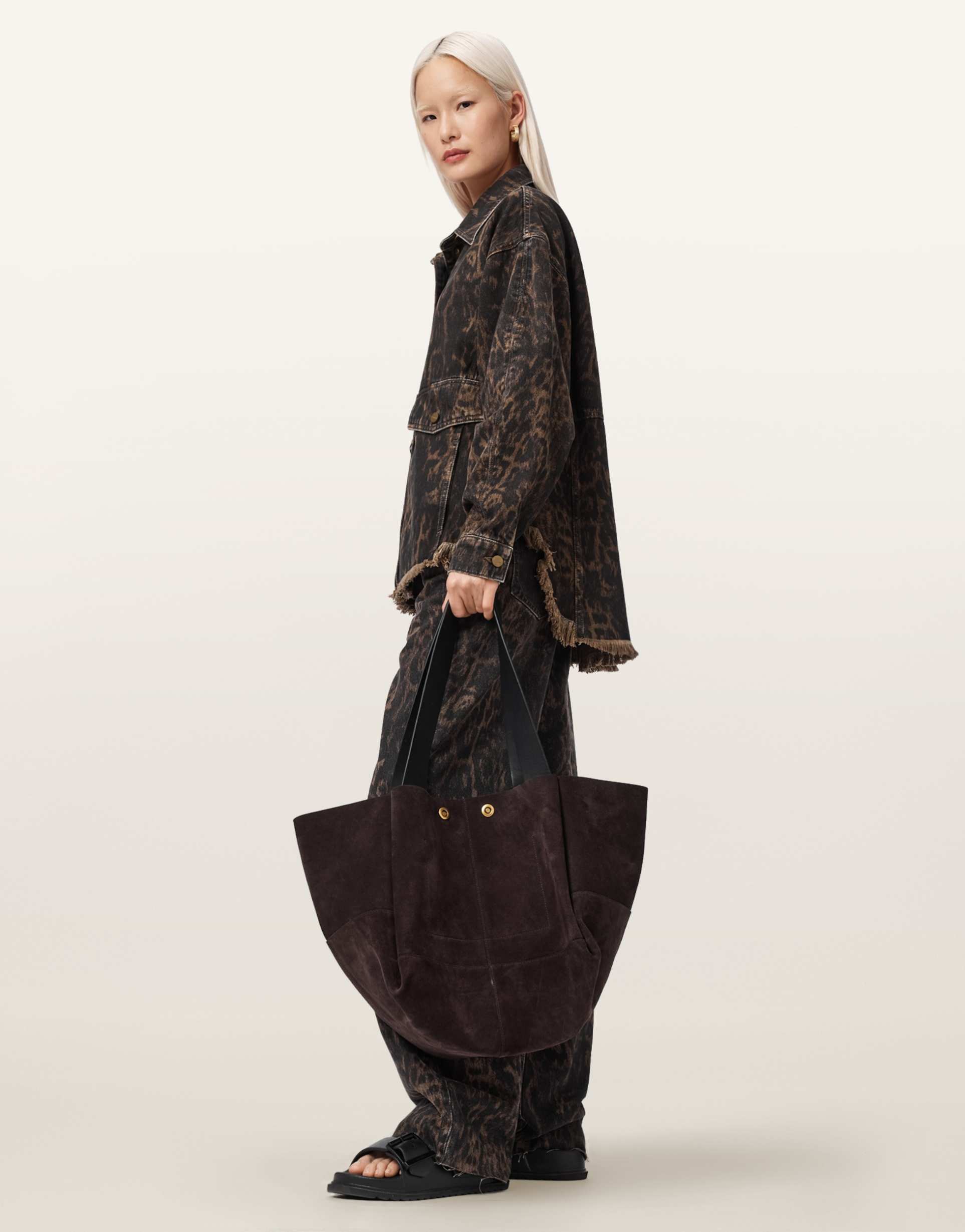 allsaints rosalie suede leather tote bag in dark brown