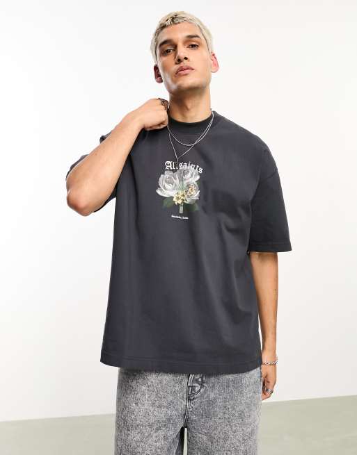 AllSaints - Rose Cross - T-shirt med print på ryggen i vasket sort - Kun hos ASOS