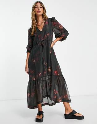AllSaints Rosia balloon sleeve maxi smock dress in black floral - ASOS Price Checker