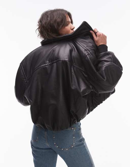 AllSaints Rowan leather bomber jacket with funnel collar in black