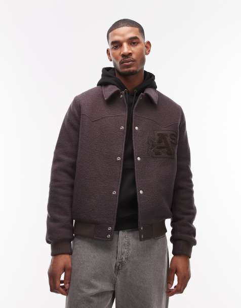 AllSaints – Royce – Brun jacka med påsydd logga i ull - view 1