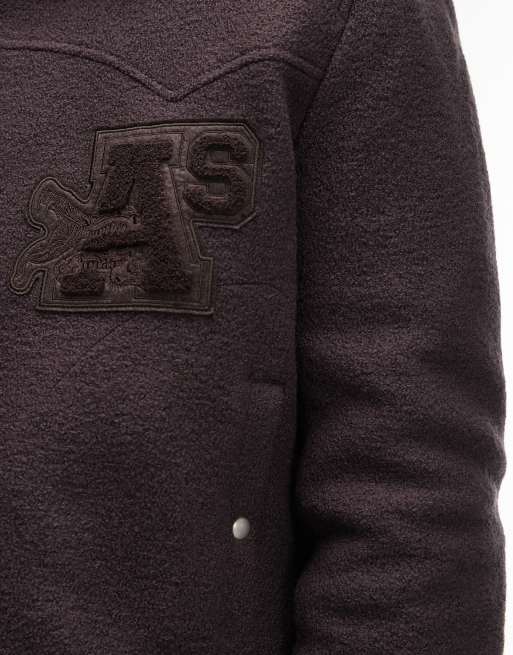 AllSaints – Royce – Brun jacka med påsydd logga i ull, 5 av 5