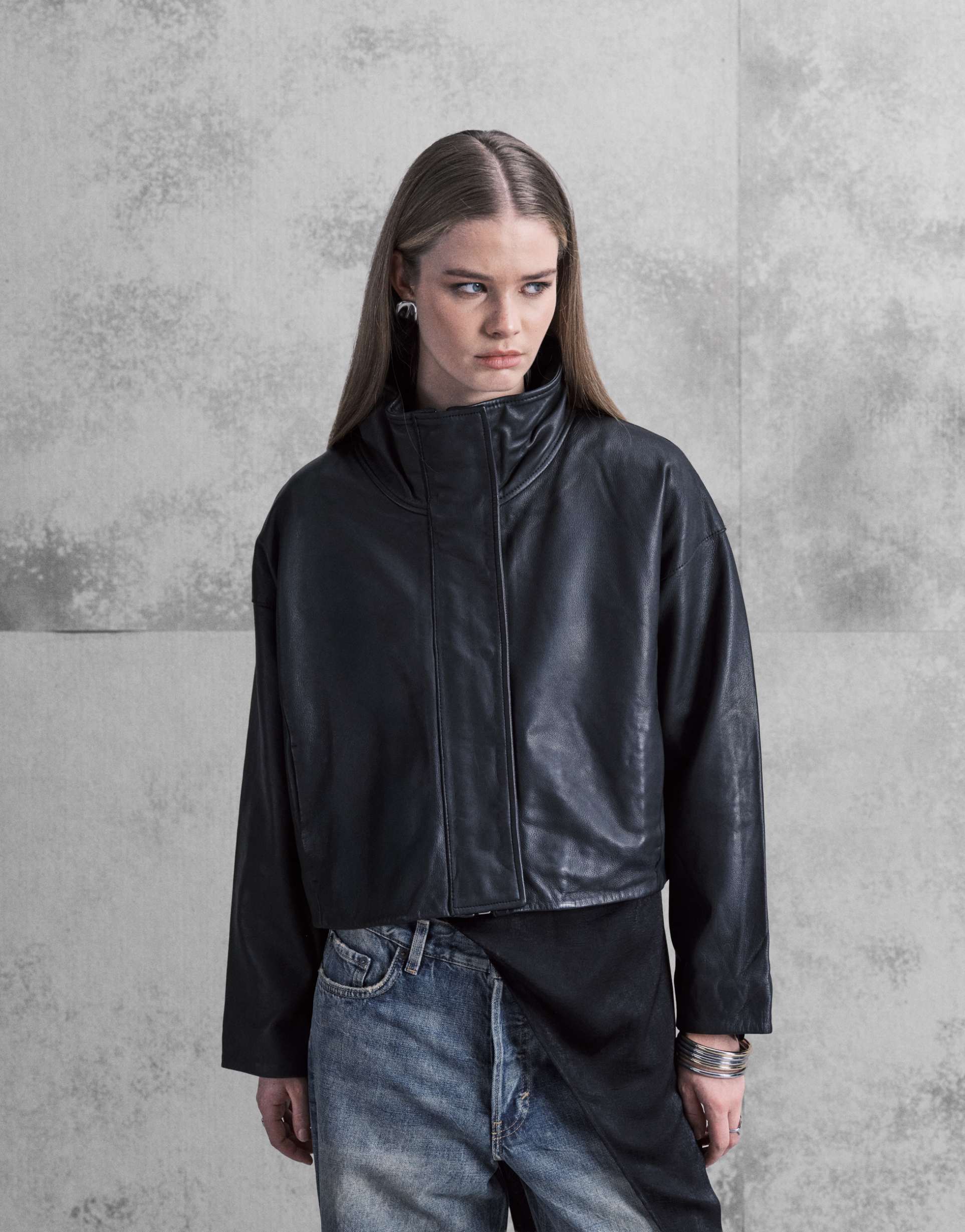 allsaints ryder funnel neck relaxed leather jacket in black