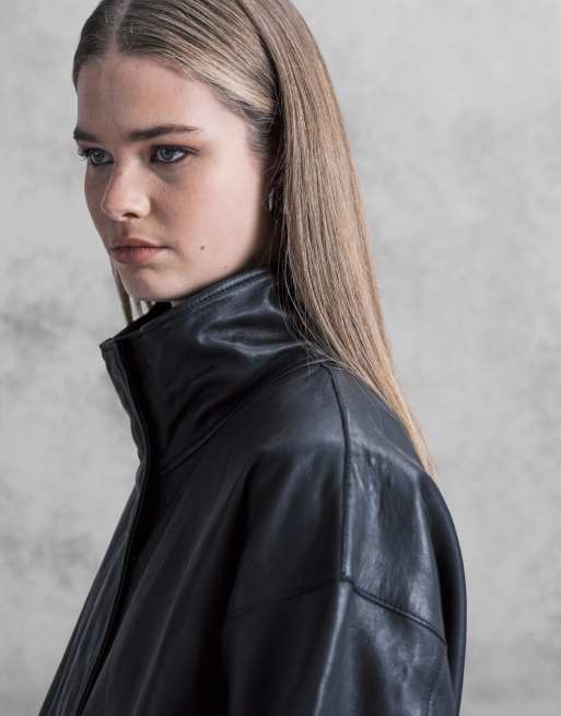AllSaints Ryder funnel neck relaxed leather jacket in black , 3 of 4
