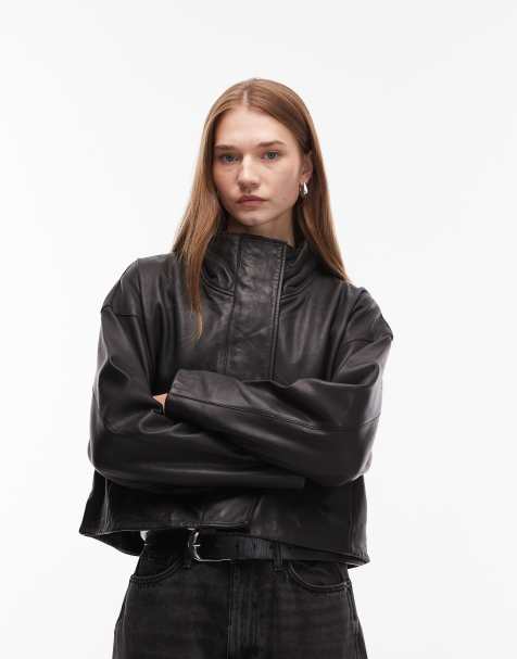 AllSaints - Ryder - Giacca in pelle nera con collo a imbuto - view 1