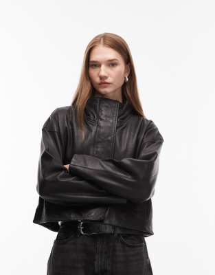 AllSaints - Ryder - Jacke aus Leder in Schwarz mit Stehkragen