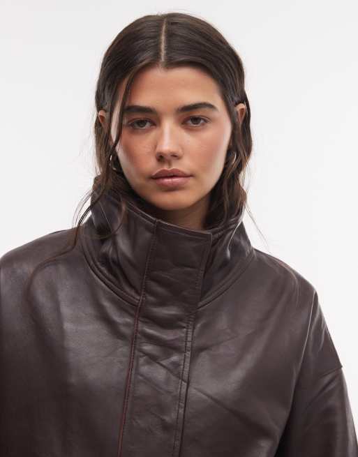 AllSaints Ryder leather mock neck jacket in burgundy, 3 of 4