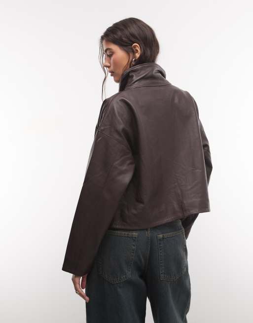AllSaints Ryder leather mock neck jacket in burgundy, 4 of 4