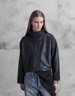 AllSaints - Ryder - Locker geschnittene Lederjacke in Schwarz mit Stehkragen