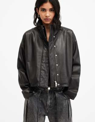 AllSaints - Ryder - Locker geschnittene Lederjacke in Schwarz