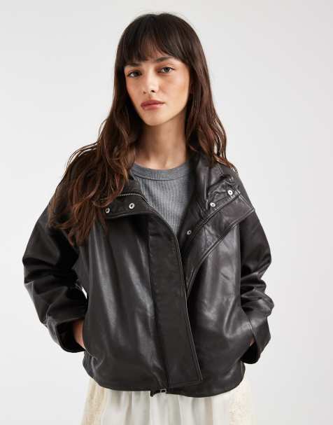 AllSaints Ryder funnel neck relaxed leather jacket in brown