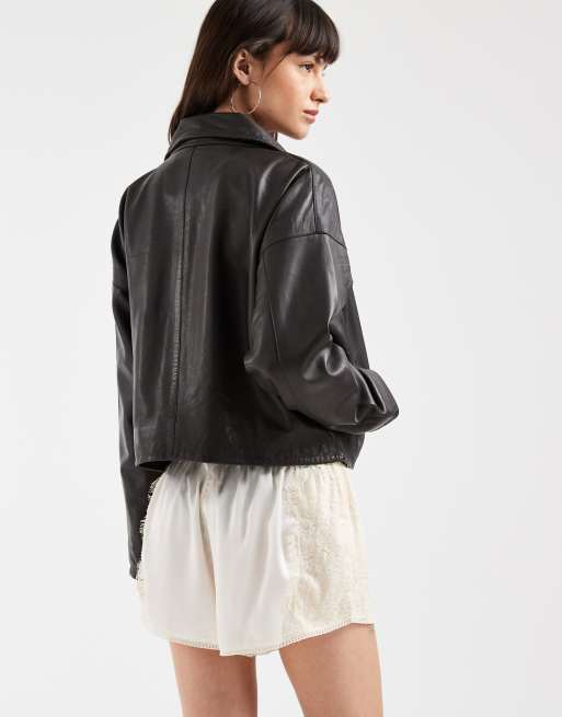 AllSaints - Ryder - Veste en cuir décontractée à col cheminée - Marron, 4 de 4