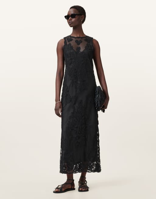 AllSaints – Rye – Besticktes Kleid in Schwarz