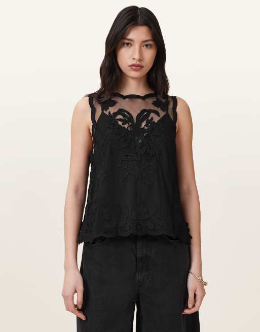 AllSaints – Rye – Besticktes Oberteil in Schwarz
