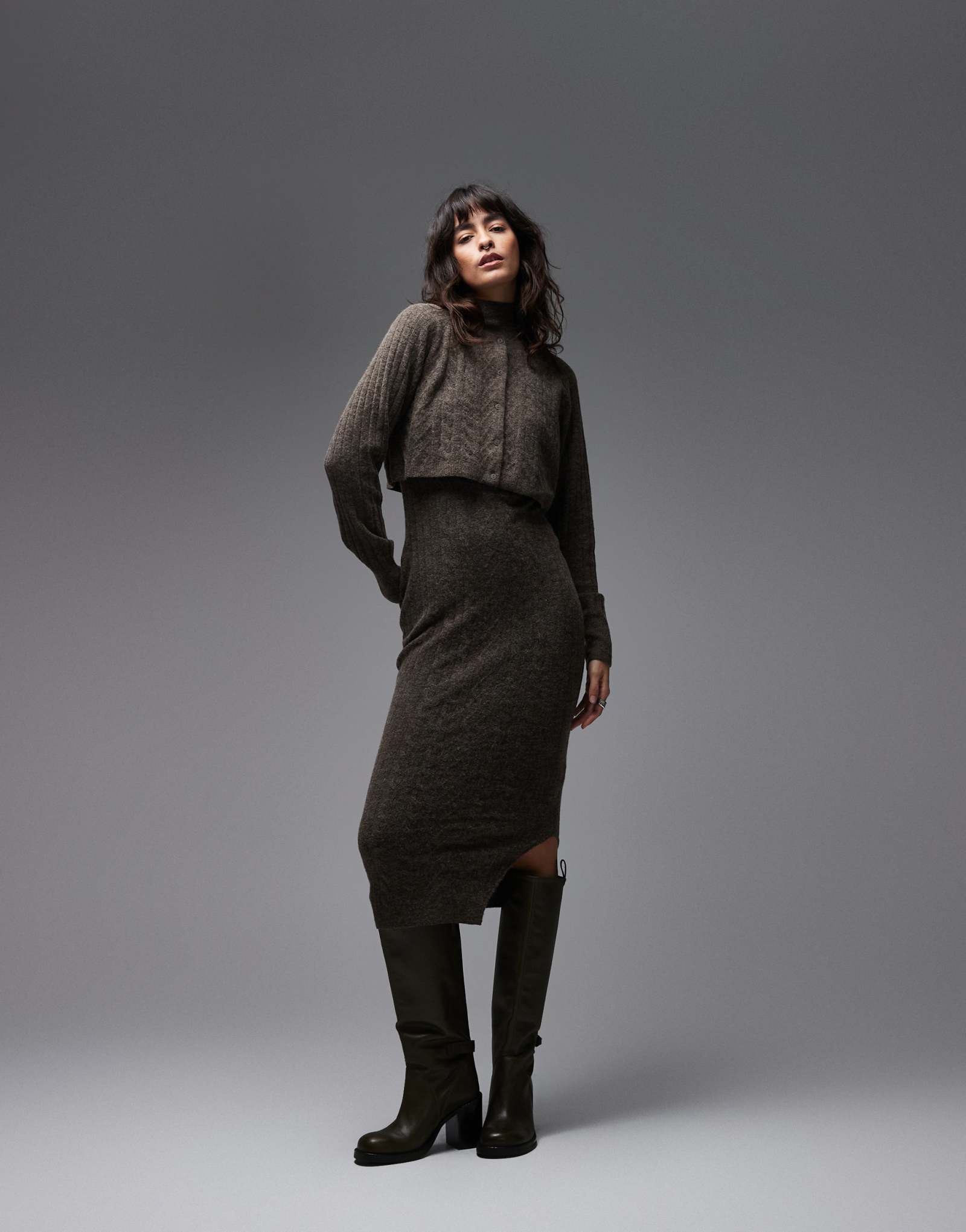 Вязаное платье Allsaints sabine 2 в 1 с кардиганом коричневого цвета