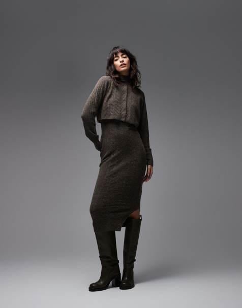 AllSaints – Sabine – Brązowy dzianinowy zestaw: sukienka i kardigan - view 1
