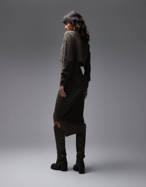 AllSaints Sabine co-ord knit dress & cardigan two piece in brown, 3 of 4