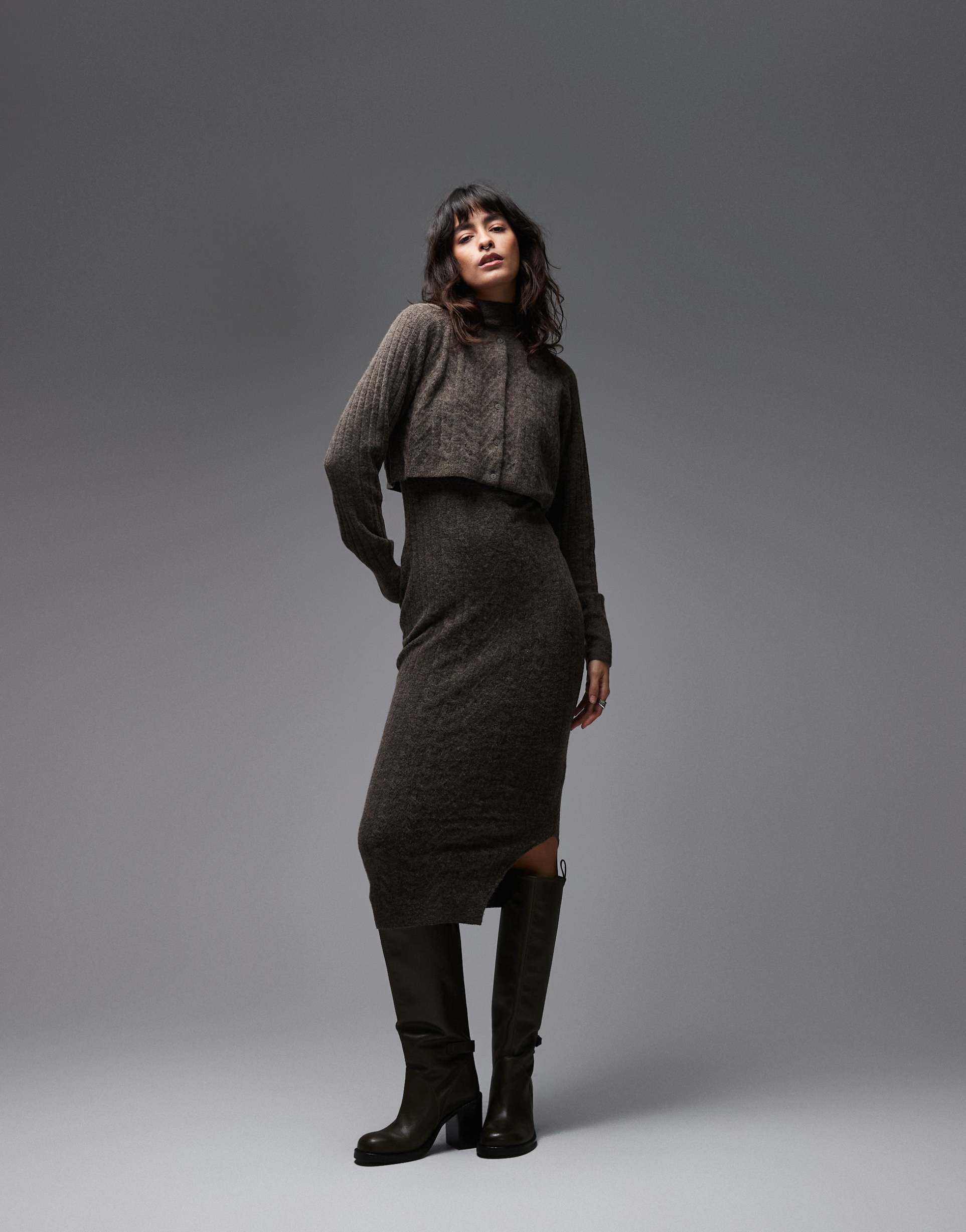 allsaints sabine knit dress & cardigan two piece in brown - part of a set