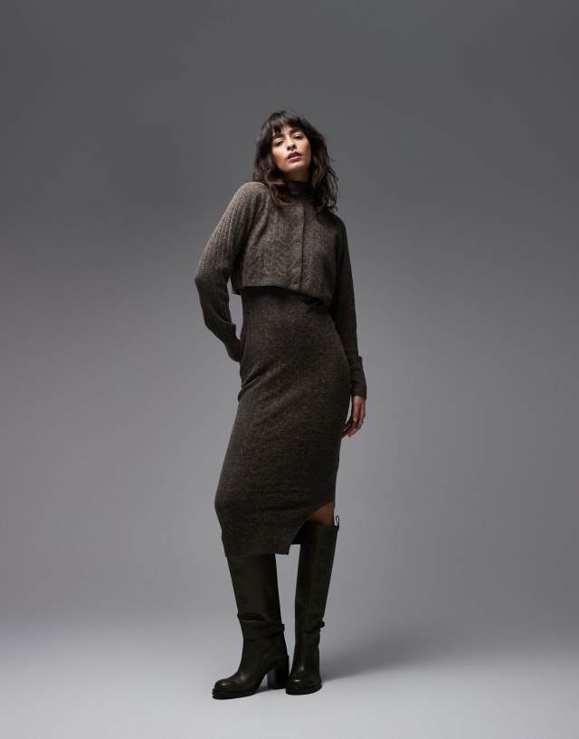 brown cardigan dress AllSaints Women's Sabine 2-in-1 Maxi Dress, Brown, Size L stretchy fabric allows custom