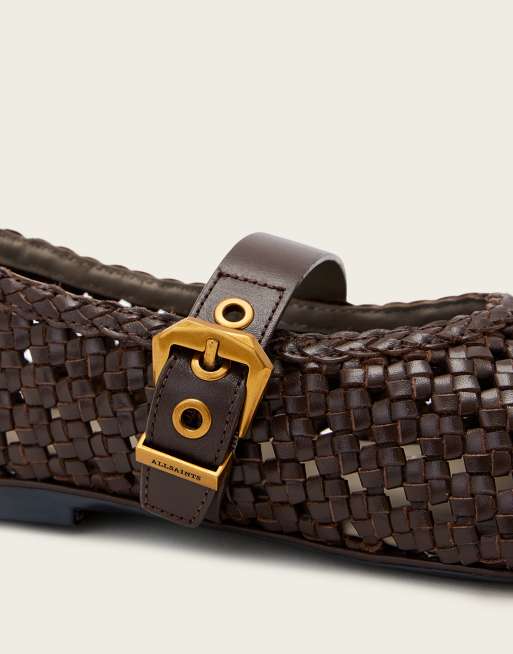 AllSaints Sabine leather woven ballet flats with gold buckle strap in brown, 2 of 4