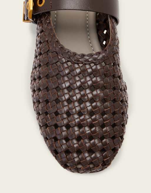 AllSaints Sabine leather woven ballet flats with gold buckle strap in brown, 3 of 4