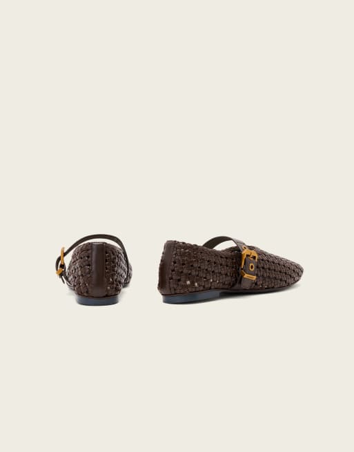 AllSaints Sabine leather woven ballet flats with gold buckle strap in brown, 4 of 4