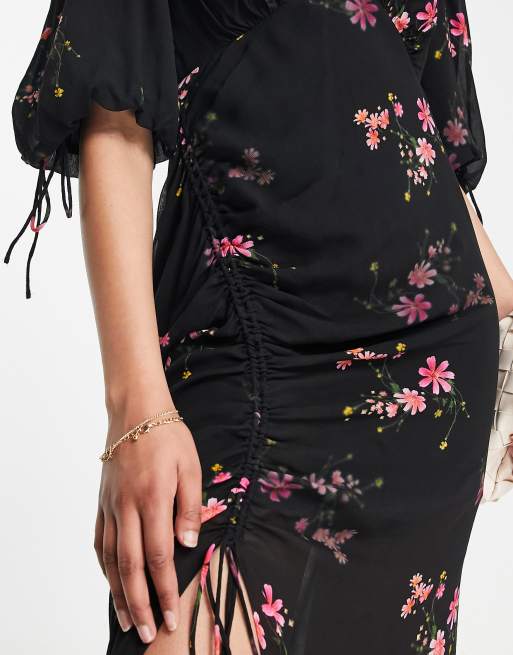 AllSaints Safiya ruched split midi dress in black floral