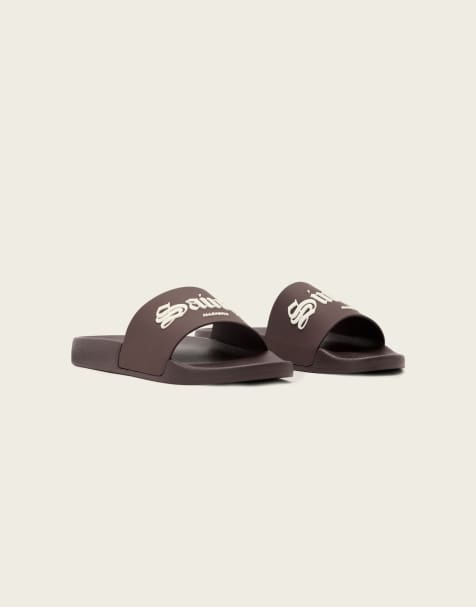 AllSaints Saints & Sinners one strap logo sliders in dark brown - view 1