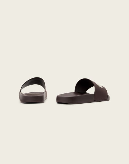 AllSaints Saints & Sinners one strap logo sliders in dark brown, 2 of 4