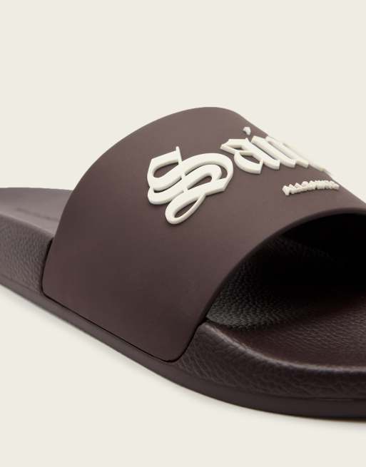 AllSaints Saints & Sinners one strap logo sliders in dark brown, 3 of 4