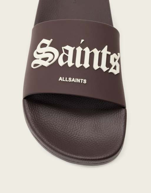 AllSaints Saints & Sinners one strap logo sliders in dark brown, 4 of 4