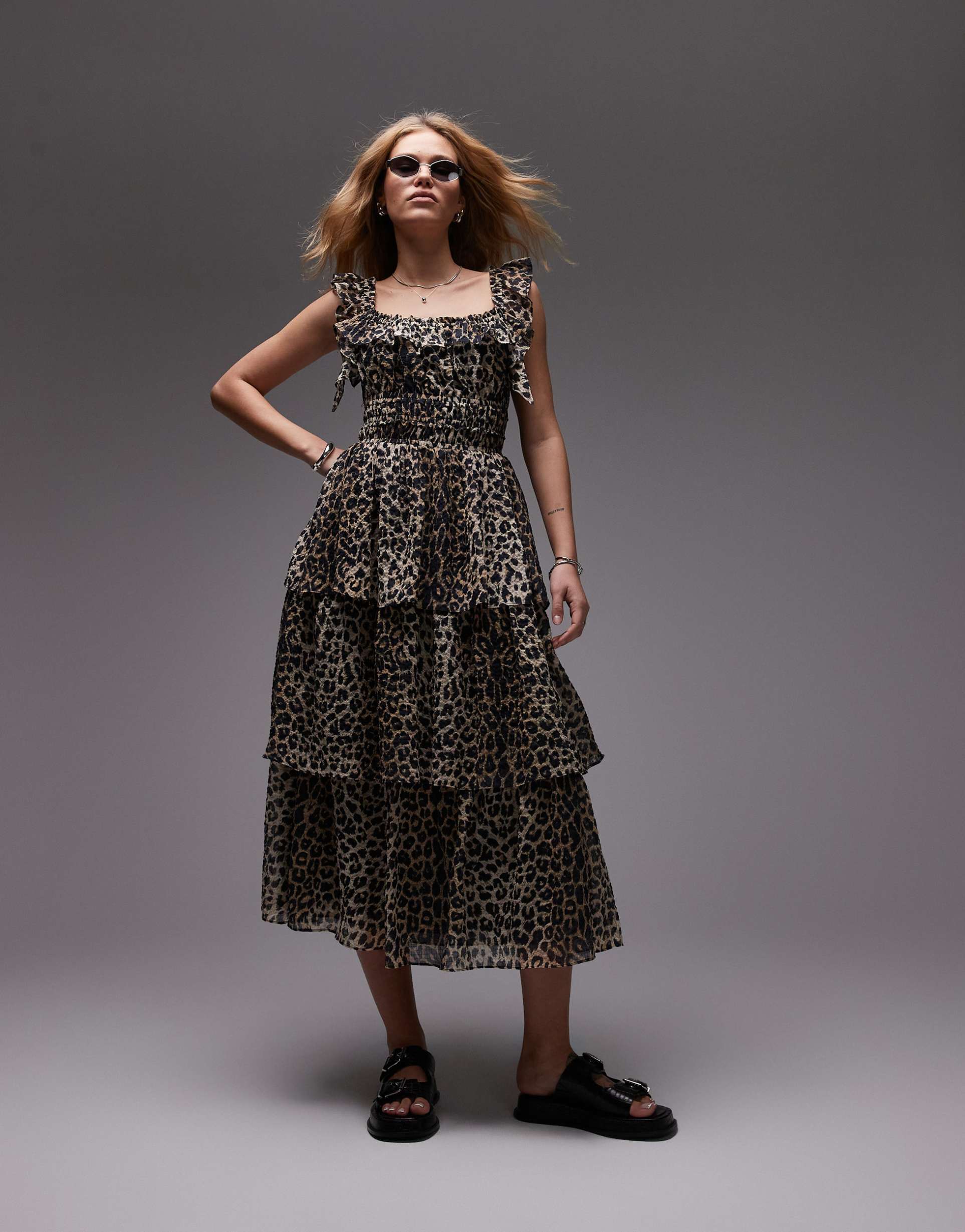 allsaints salonda tiered maxi dress in leopard print
