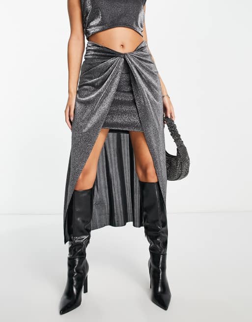 AllSaints Sami co ord metallic midi skirt and tank top in gunmetal