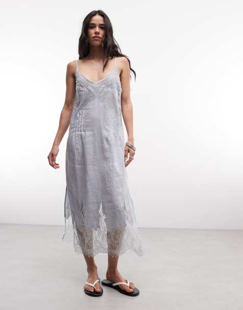 AllSaints - Samia - Robe mi-longue sans manches en lin avec dentelle - Bleu clair - view 1