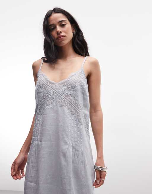 AllSaints - Samia - Vestido midi azul claro de tirantes de encaje y lino, 2 de 4