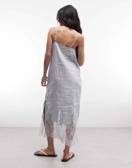AllSaints - Samia - Vestido midi azul claro de tirantes de encaje y lino, 4 de 4
