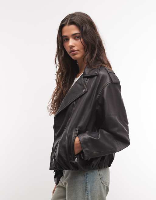 AllSaints Samina Leder-Bikerjacke in Schwarz/Braun, 3 von 4
