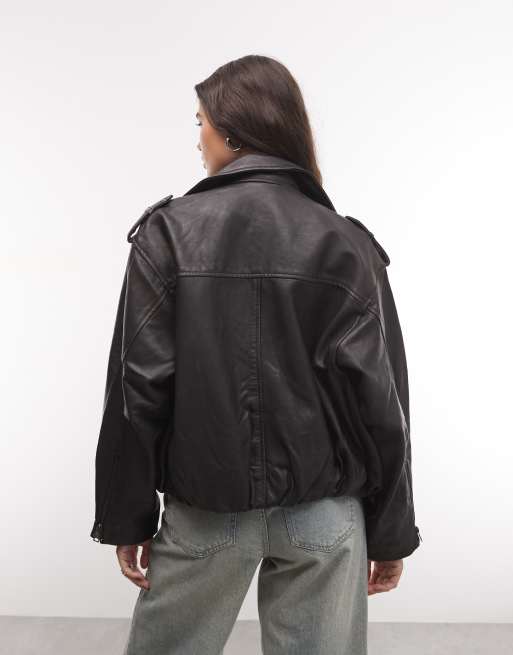 AllSaints Samina Leder-Bikerjacke in Schwarz/Braun, 4 von 4