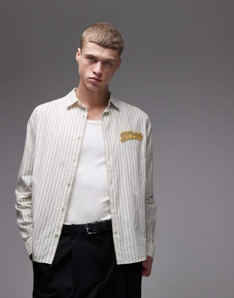AllSaints Samuel long sleeve logo shirt in white stripe