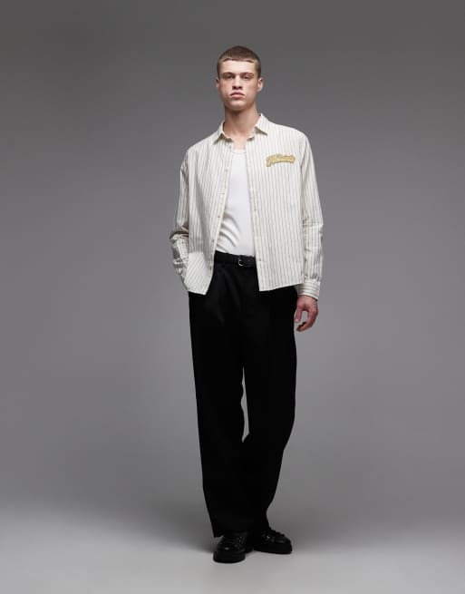AllSaints Samuel long sleeve logo shirt in white stripes, 2 of 5