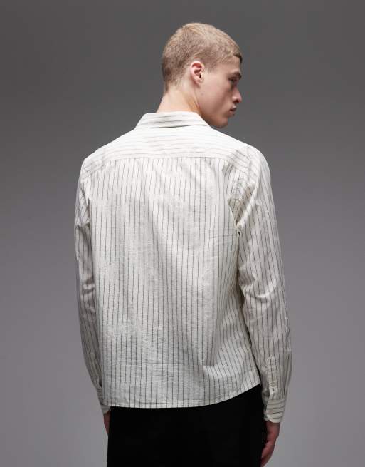 AllSaints Samuel long sleeve logo shirt in white stripes, 3 of 5