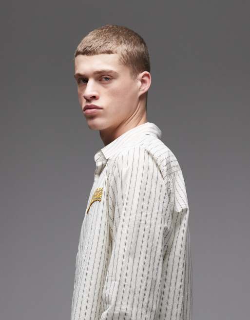 AllSaints Samuel long sleeve logo shirt in white stripes, 4 of 5