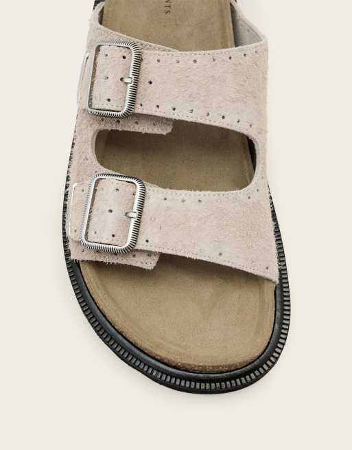 AllSaints - Sandalias grises con dos correas y hebillas de ante efecto mullido Randal, 3 de 4