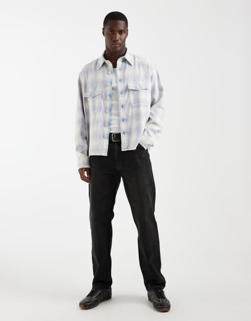 AllSaints Santos long sleeve check shirt with back embroidery in blue and white, 2 of 5