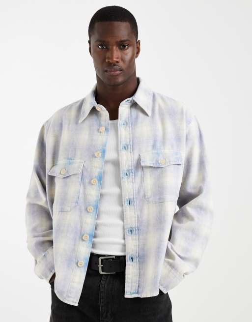 AllSaints Santos long sleeve check shirt with back embroidery in blue and white, 3 of 5