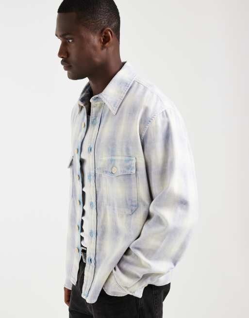 AllSaints Santos long sleeve check shirt with back embroidery in blue and white, 4 of 5