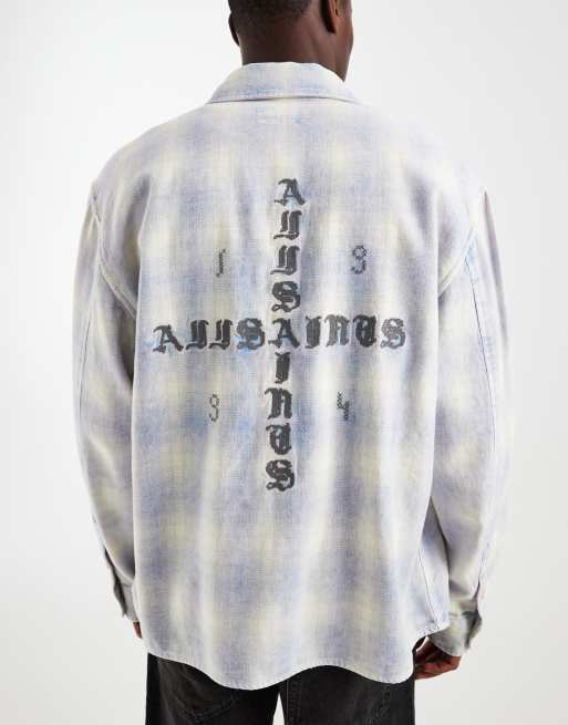 AllSaints Santos long sleeve check shirt with back embroidery in blue and white, 5 of 5