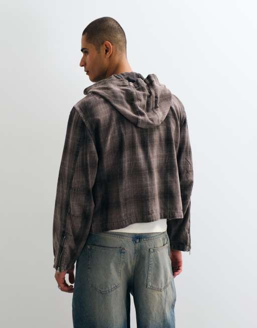 AllSaints Santos shacket con cappuccio, zip e maniche lunghe a quadri marrone, 5 di 5