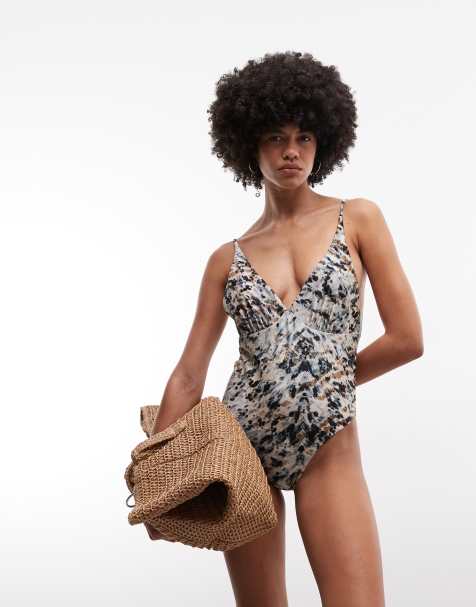 AllSaints saph plunge neck animal print swimsuit in ecru - view 1