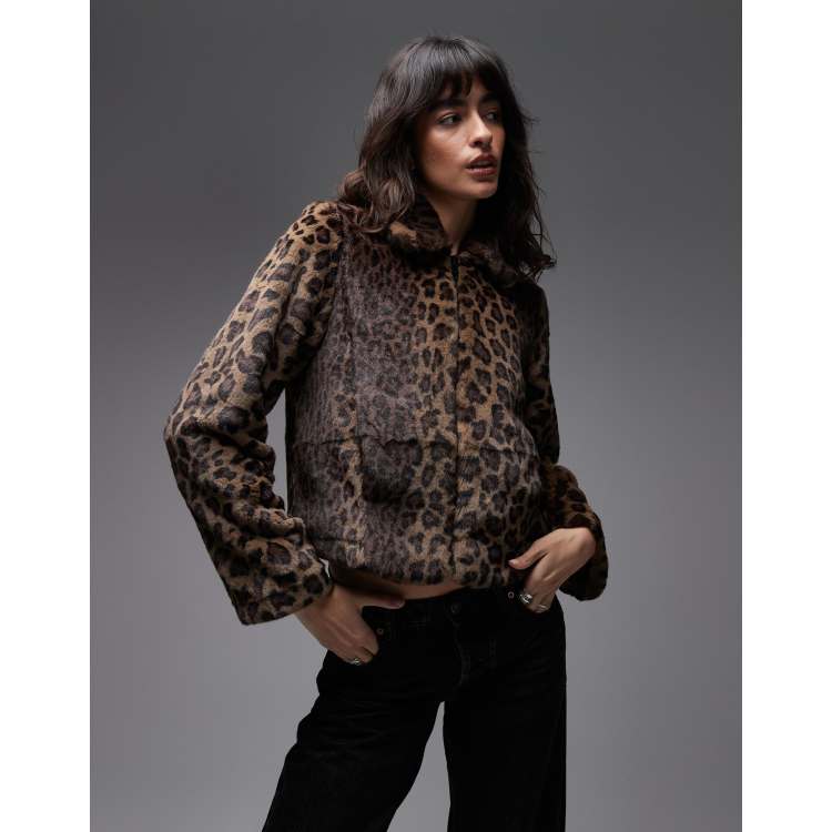 Allsaints saye leopard faux fur cropped jacket in brown | ASOS